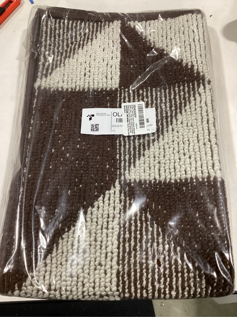 Condition photo showing As Is for OLANLY Door Mat Indoor Entrance Washable 32x20, Odor-Free Low-Profile Front Back Geometric Doormat, Absorbent Resist Dirt Entry Carpet, Easy to Clean Sturdy Floor Mats for Entryway, Dark Brown 32" x 20" Dark Brown