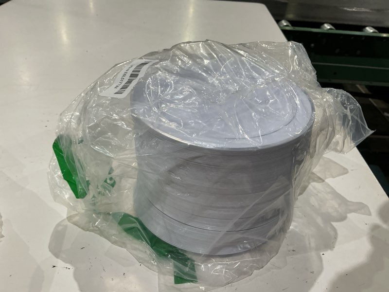 Condition photo showing As Is for bucla 100pieces silver plastic plates - 6.25inch white with silver rim disposable salad/dessert/appetizer/small cake plates for weddings, parties&gathering 6.25inch-100pcs-silver