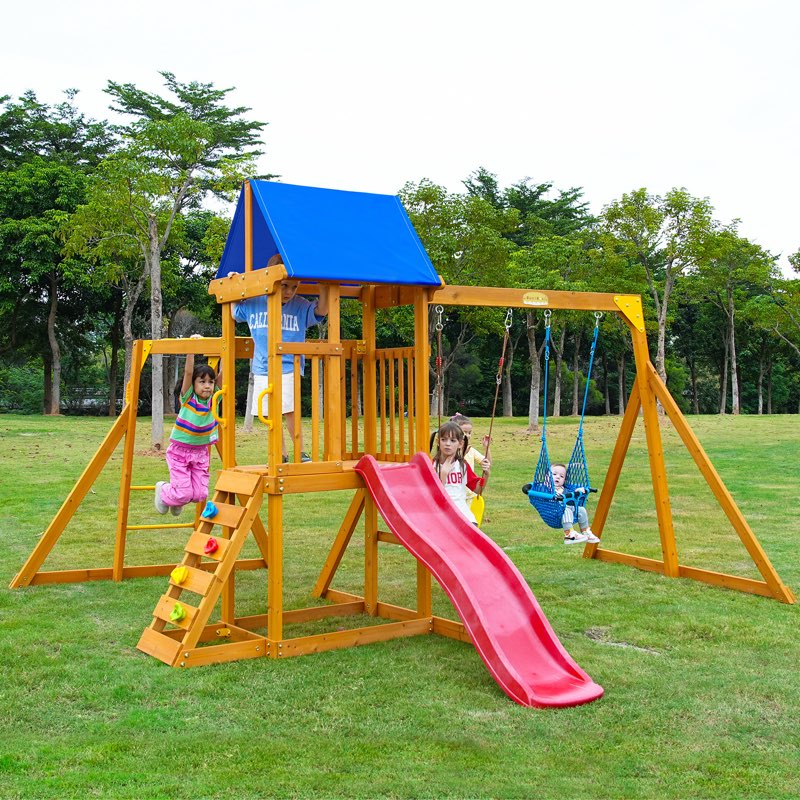 SuniBoxi Backyard Swing Set: Slide, Wall, Sandbox, Monkey Bar