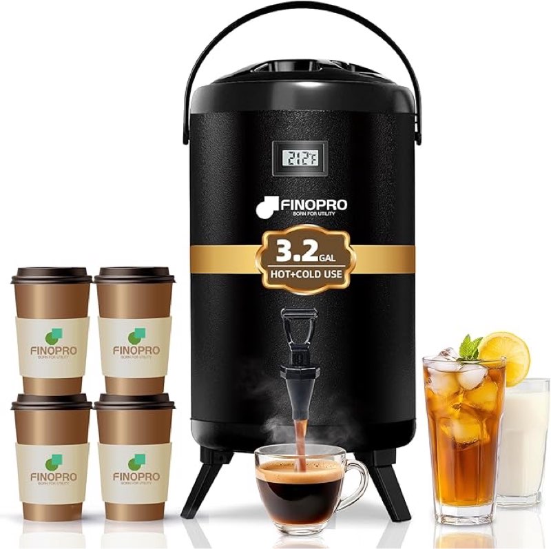 insulated beverage dispenser - thermal hot and cold tea dispenser - stainless steel 12l/3.2gal with spigot for hot coffee & tea, cold milk & juice - black
