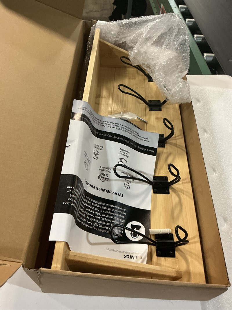 Condition photo showing Good Condition for HBCY Creations Rustic Wall Mounted Coat Rack with Shelf - Solid Wood 24" Entryway Shelf with 5 Coat Hangers. Perfect Touch for Your Entryway, Mudroom, Kitchen, Bathroom and More, Bamboo 4- Bamboo