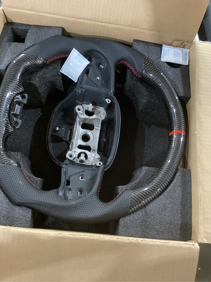 Condition photo showing Good Condition for real carbon fiber steering wheel for jeep grand cherokee 2014-2021 wk2, laredo limited overland summit altitude, red stitching flat bottom sport grip replacement, no heating, not for srt trackhawk