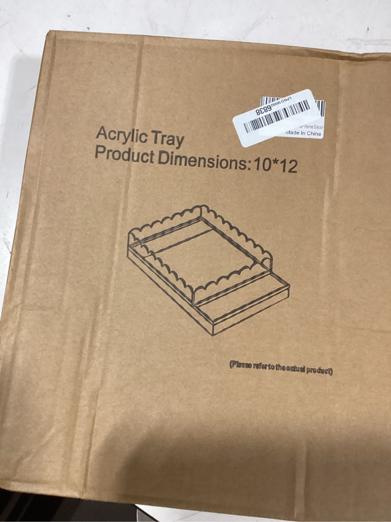 Condition photo showing New/Like New for scalloped acrylic tray for needlepoint, 10" x 12" clear acrylic display tray with slide out drawer for insert photos, art, fabric, acrylic organizer decorative tray for home decor 10x12 inch rectangular
