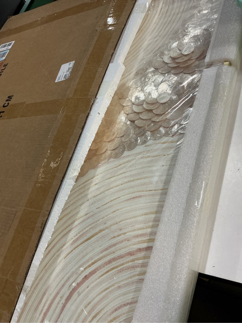 Condition photo showing New/Like New for modern abstract hand painting with natural capiz shell wallcapiz shell wall decor framed ocean artwork, 3D Geometric art hand drawn acrylic capiz wall art painting, for LivingRoom,Bedroom, 19.6 x 39.3 Inch, Gold+White