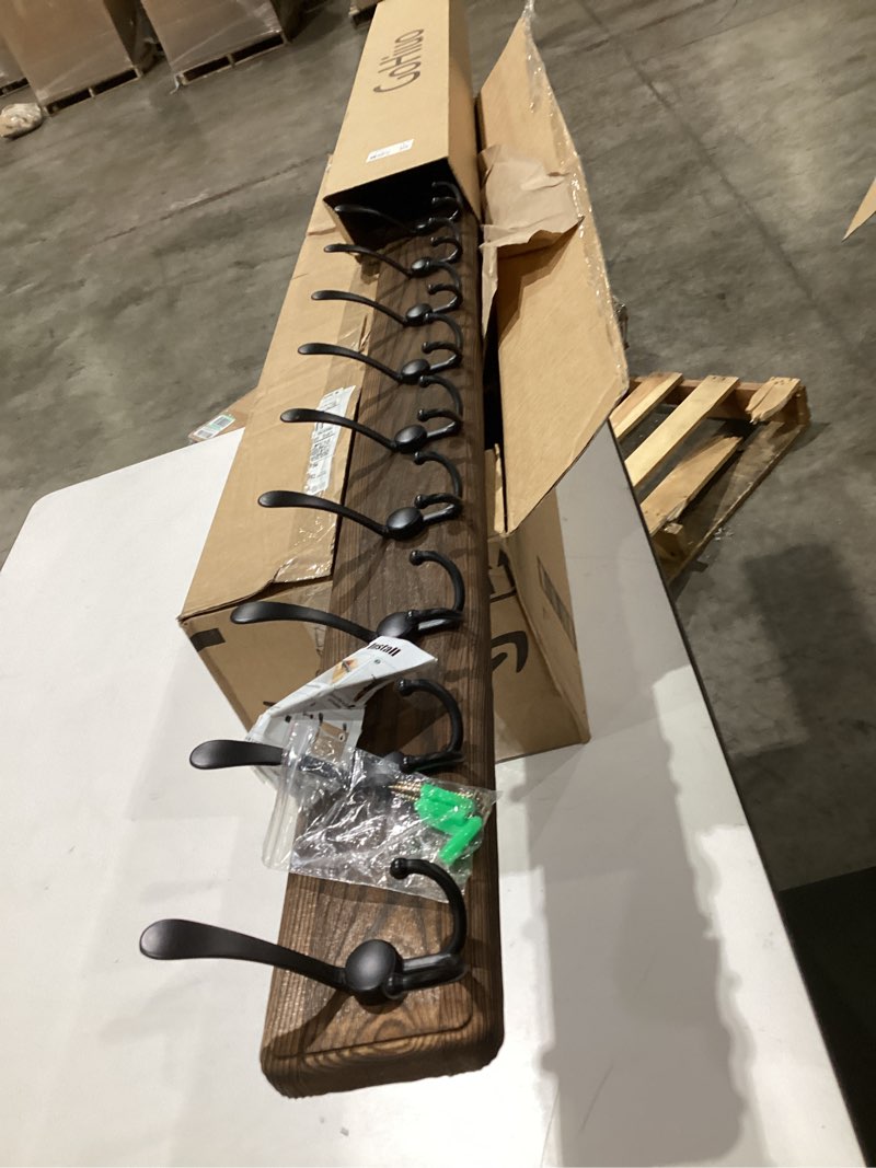 Condition photo showing Good Condition for Rustic 38.6" Large Coat Rack Wall Mount, Long Wood Coat Hooks with 10 Triple Hooks, Heavy Duty Wooden Coat Hanger Wall Mount for Entryway, Farmhouse Hanging Jackets, Coats, Hats, Bags,Towel Brown Plate & Black Hook 10 hooks-1 items