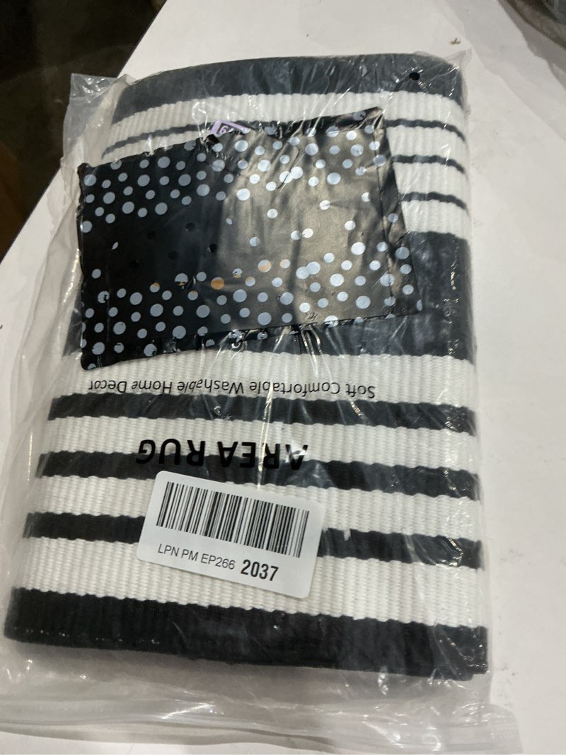 Condition photo showing As Is for black and white striped outdoor rug, 2'x3' cotton modern hand-woven reversible front porch rug door mat welcome layered doormat washable indoor carpet for farmhouse laundry room bathroom black strip 2' x 3'