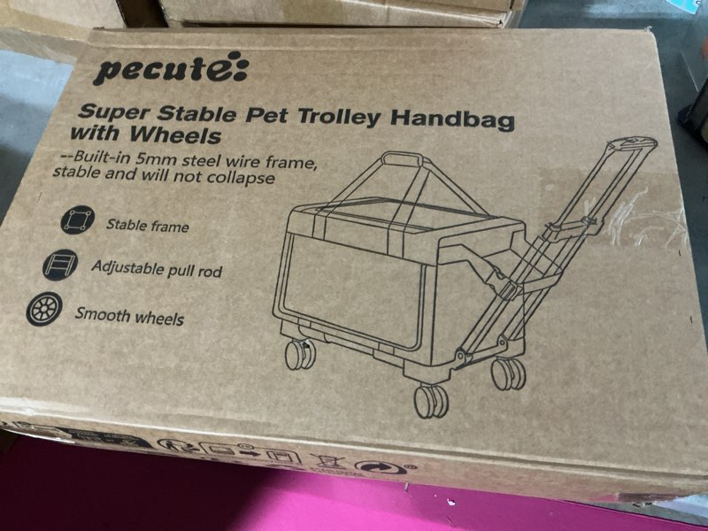 Condition photo showing New/Like New for pecute cat carrier with wheels,steel wire frame cat carrier, stable pet trolley bag for cats, pet handbag and stroller bag, portable cat carrier bag for car travel bus subway, grey