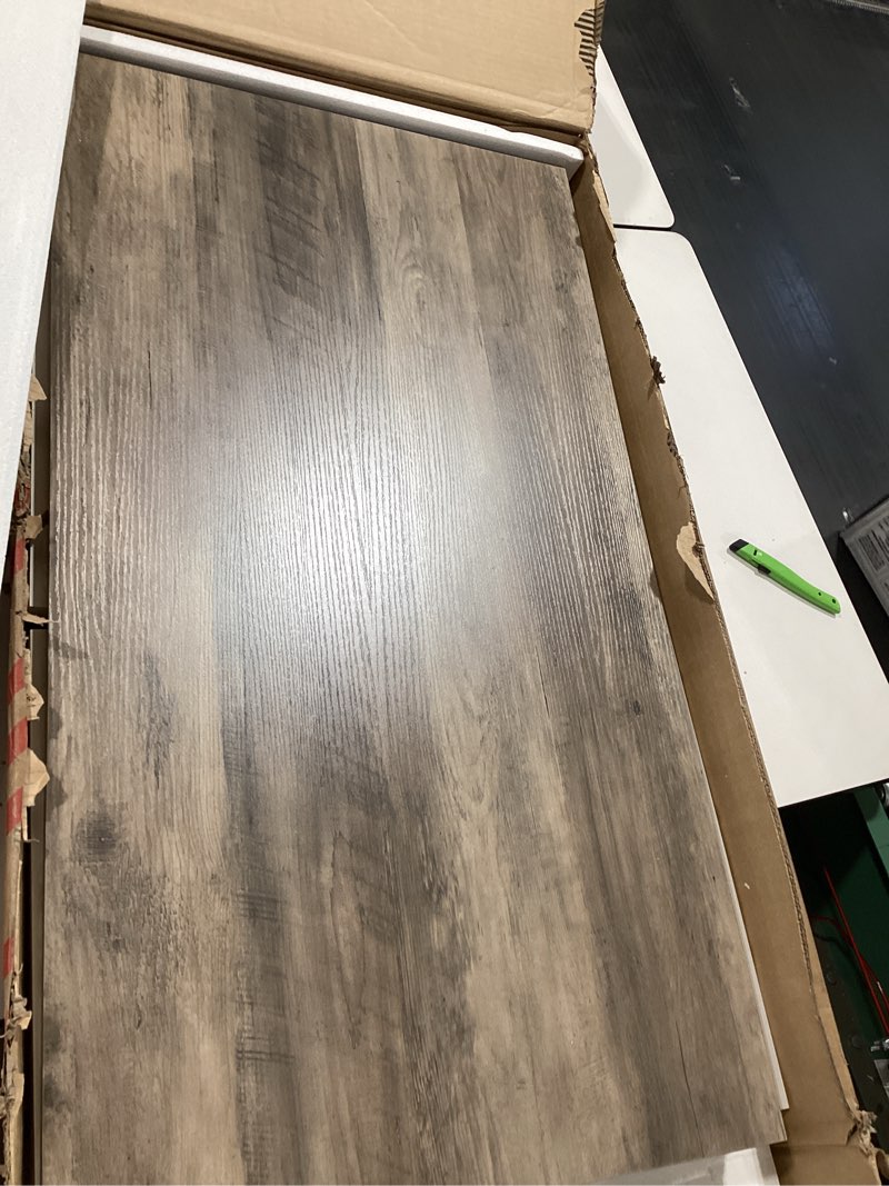 Condition photo showing Good Condition for farmhouse coffee table, white oak coffee table for living room, 2-tier rectangular wooden centre cocktail table with slats shelf storage and v-shaped frame modern coffee oak grey