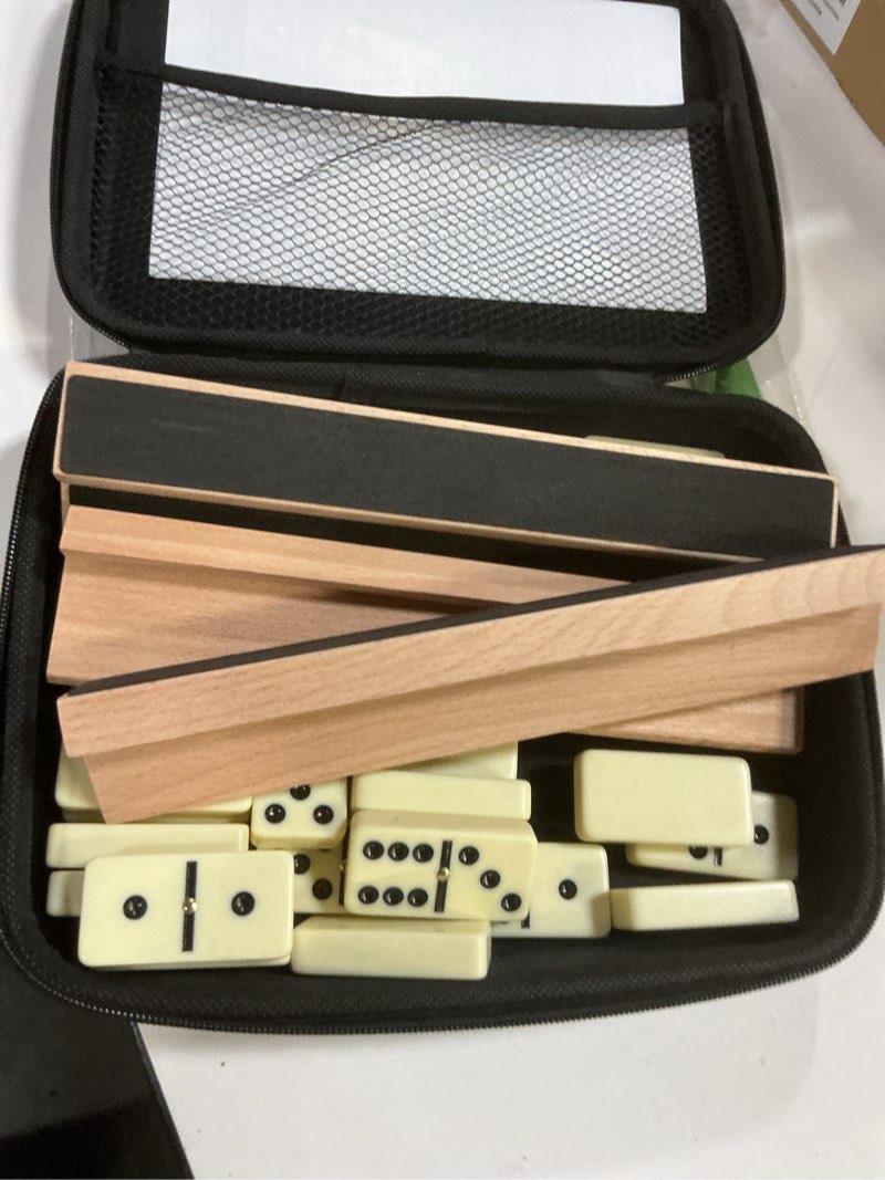 Condition photo showing Good Condition for Jumbo Dominos Set for Adults with 4 Wooden Racks/Trays, Double 6 Dominoes Travel Set with Portable Case Double Six Dominoes Set with 4 Tiles Holders, 28 Tiles Dominos Set for Family Board Games White