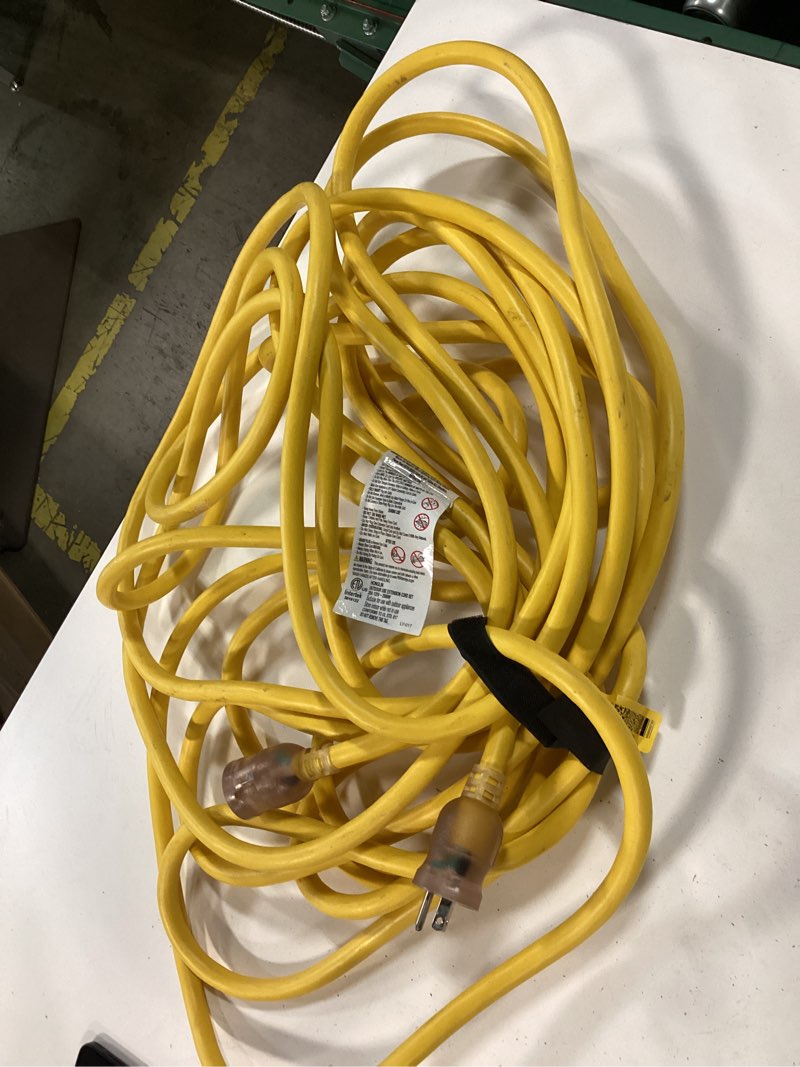Condition photo showing As Is for yellow jacket 50-ft 14 / 3 heavy duty 3 prong yellow outdoor extension power cord yellow jacket 50-ft 14 / 3 heavy duty 3 prong yellow outdoor extension power cord