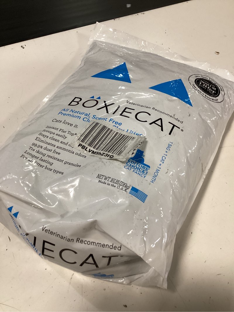 Condition photo showing New/Like New for boxie unscented 30 day odor control clumping clay cat & kitty litter 16 lb, 99.9% dust-free, hard flat top clumps, no fragrances no fillers, long-lasting, easy to scoop scent free 16 lb