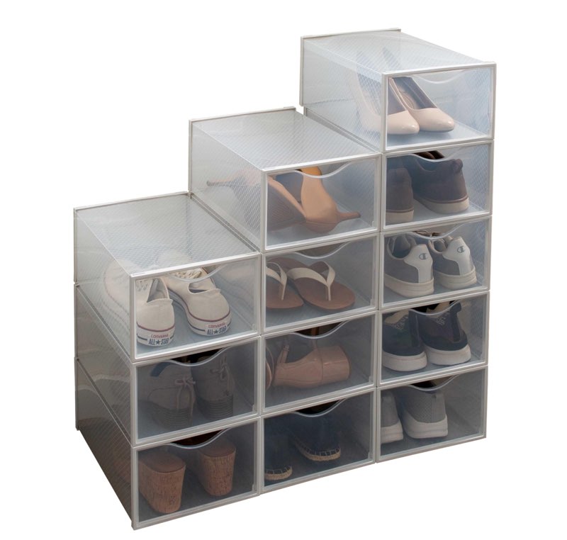 Simplify Set of 12 Stackable Shoe Boxes | Customizable | Fits Size 11 Shoes | Drop Front Design | Closet Storage | Sneakers | Heels | Clear and White
