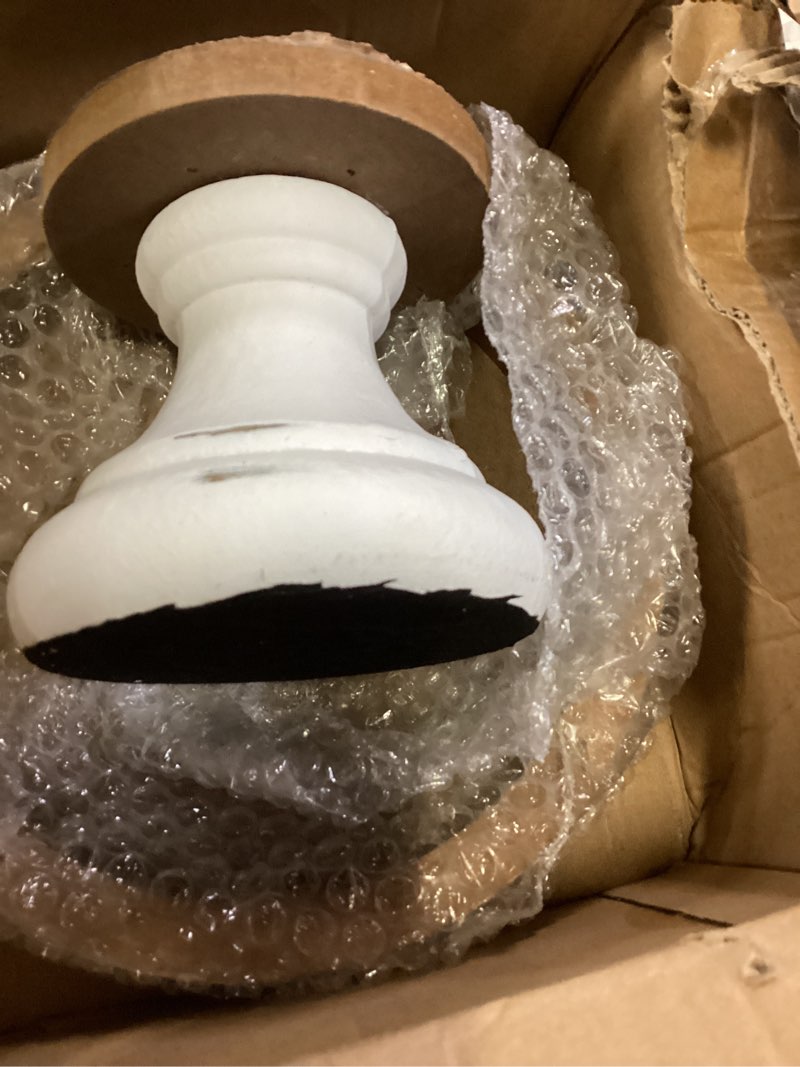 Condition photo showing Good Condition for dwellington white wash round display wood riser, 8.25” shabby chic pedestal tray decor with beads, farmhouse display stands for small items in coffee bar, bathroom, kitchen island