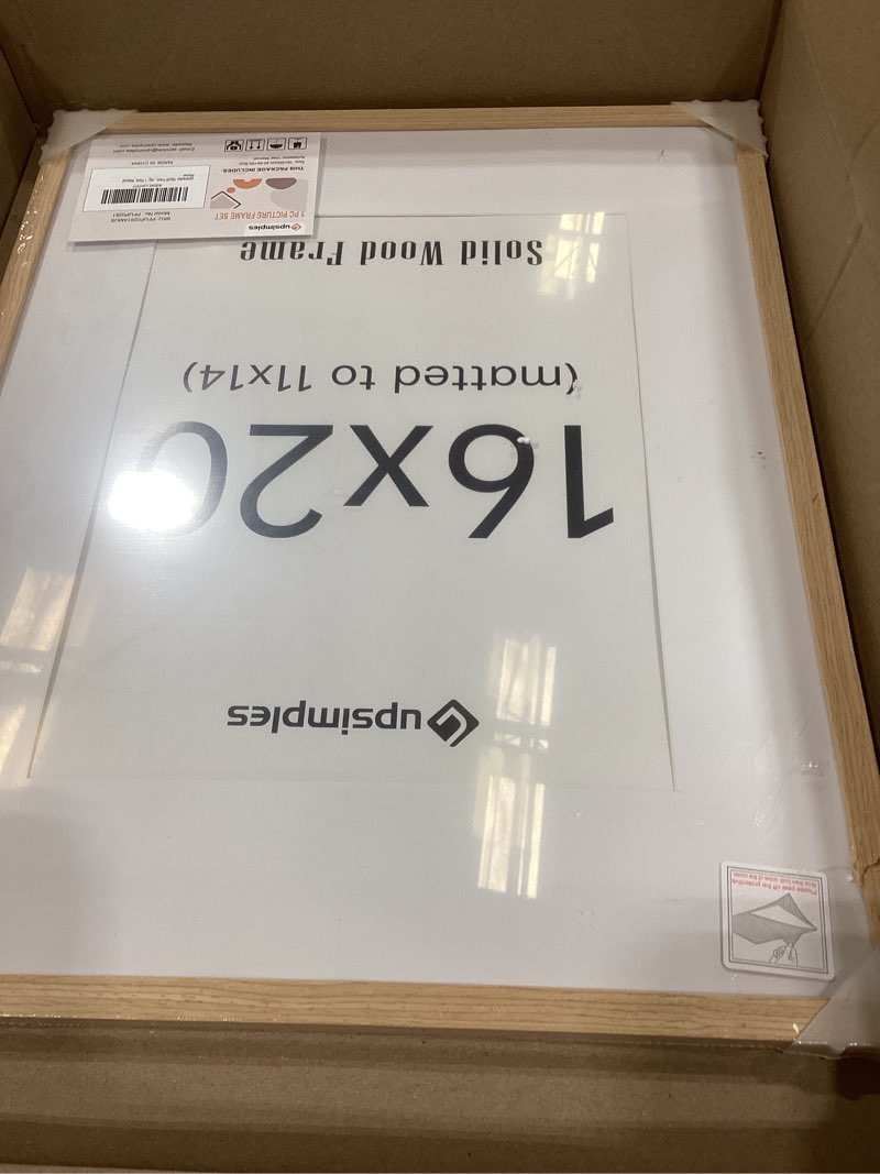 Condition photo showing New/Like New for upsimples 16x20 frames, natural solid wooden picture frames, display 11x14 with mat or 16 x 20 without, vertical or horizontal wall hanging, 1 pack, natural natural 16x20