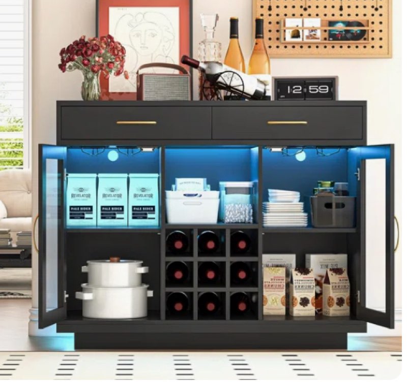 ((Incomplete ))Wine Bar Cabinet with LED Lights, Coffee Bar Cabinet with Wine and Glass Rack