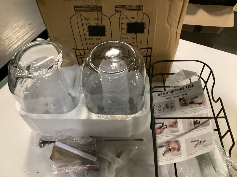 Condition photo showing New/Like New for kikcoin 1 gallon glass drink dispensers for parties, 2 pack leakproof beverage dispenser with stand & 18/10 stainless steel spigot & filter -for lemonade, juice, sun tea, punch- all dishwasher safe