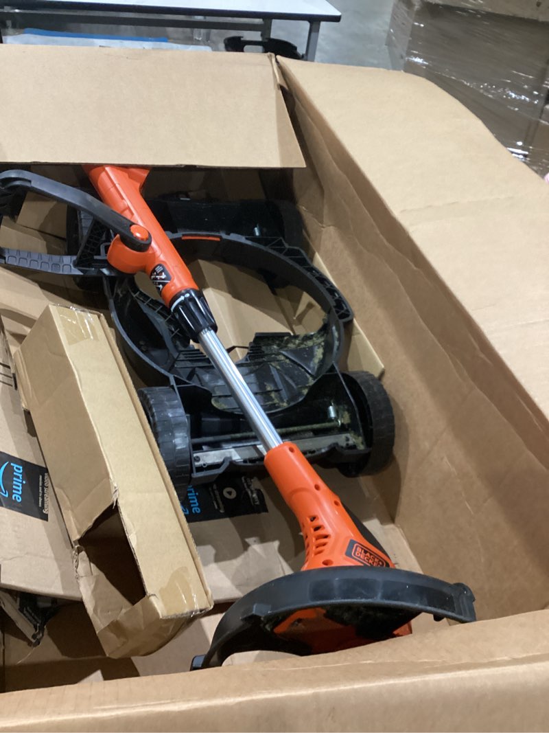 Condition photo showing As Is for black+decker electric lawn mower, weed eater and edger 3-in-1 combo, corded 12-inch 6.5 amp electric weed wacker and compact push mower (besta512cm