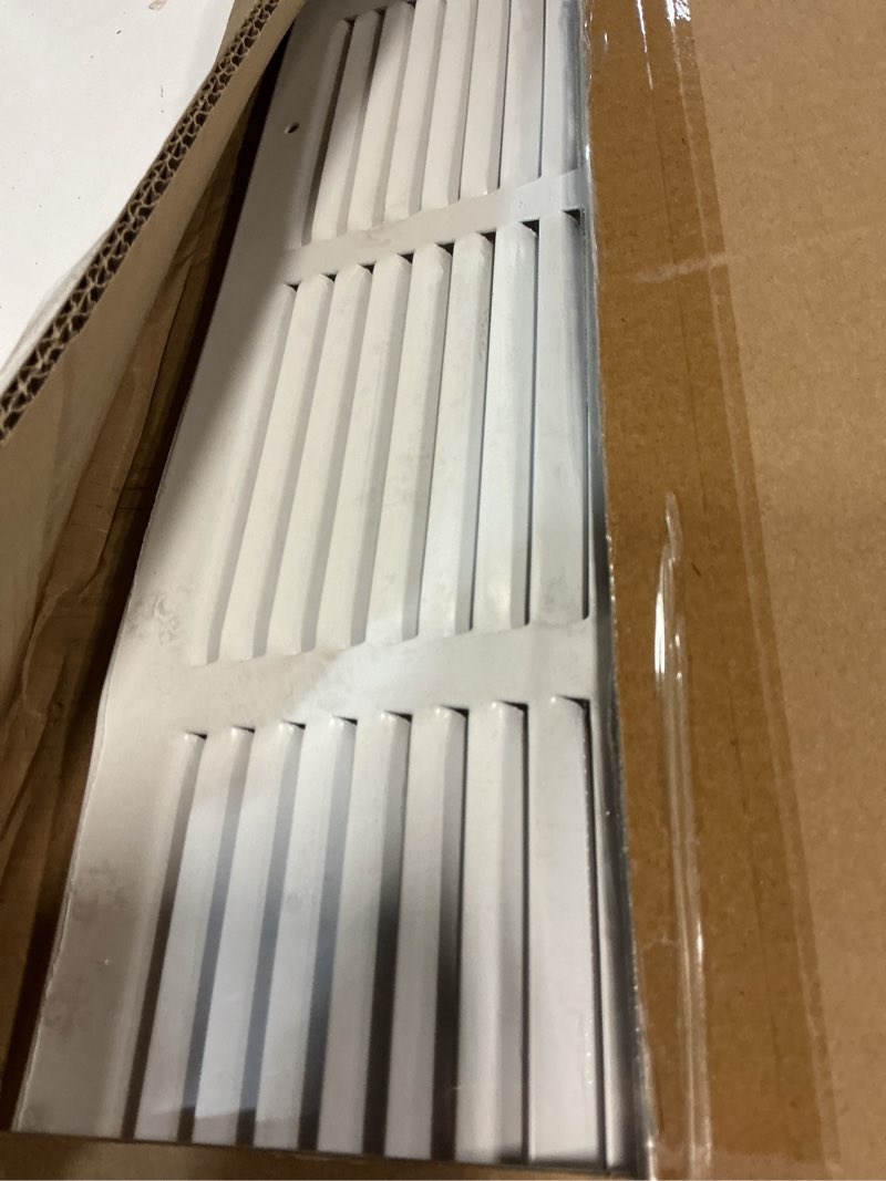 Condition photo showing As Is for fancat 30"w x 8"h return air grille [duct opening size], steel hvac return air vent cover for wall & ceiling, white powder-coated rust-resistant ac cold air return, outer dimensions 31.75"w x 9.75"h 30''wx8''h [duct opening]