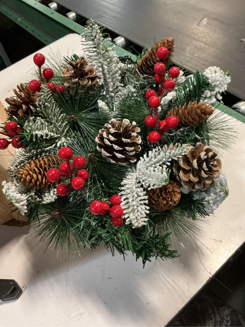 Condition photo showing As Is for 2 pack pre lit artificial christmas hanging basket christmas tree basket decorated with frosted pine cones, berry clusters, 2 pcs white led string lights for patio porch outdoor indoor