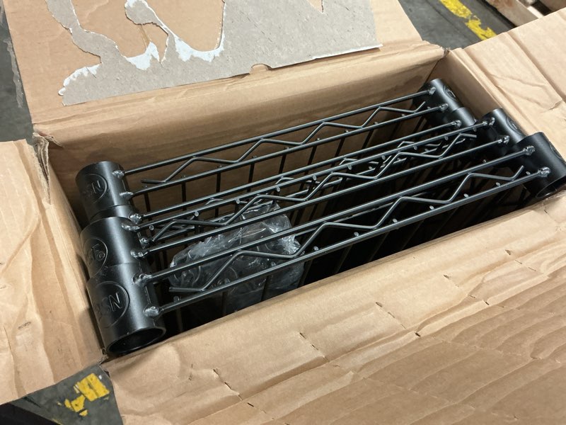 Condition photo showing As Is for hyper tough 4 tier wire shelf unit, black, 1400 lb. capacity
