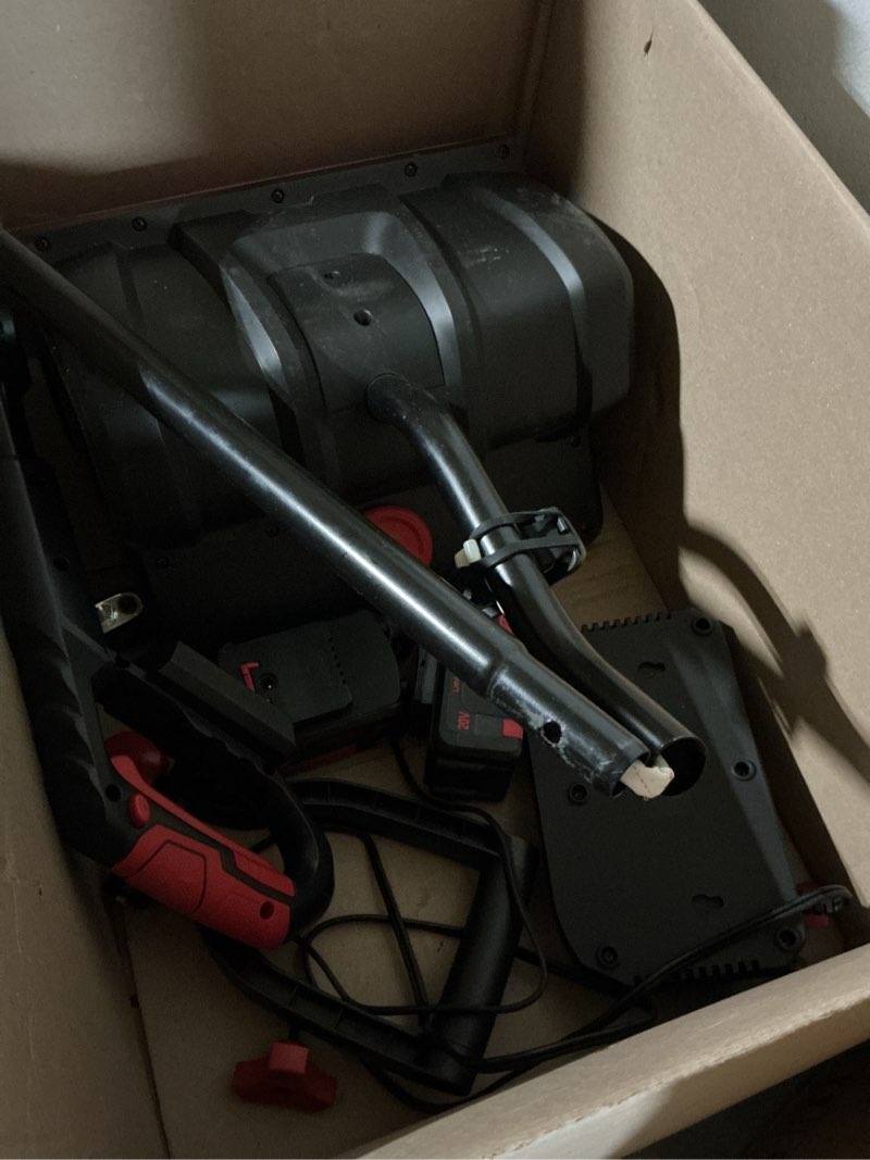Condition photo showing As Is for mzk cordless snow shovel, 20v 13-inch battery powered snow thrower, battery snow blower with directional plate & adjustable front handle(2 * 4.0ah li-ion battery & fast charger included), ss13d12
