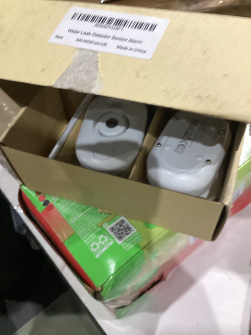 Condition photo showing As Is for 5 pack water leak detectors for home, 100db water sensor alarm for basement,flood leakage detection devices for pipe/drain/sink/faucet drip alert,floor flooding in bathroom/kitchen/toilet/laundry room 5 sensors white