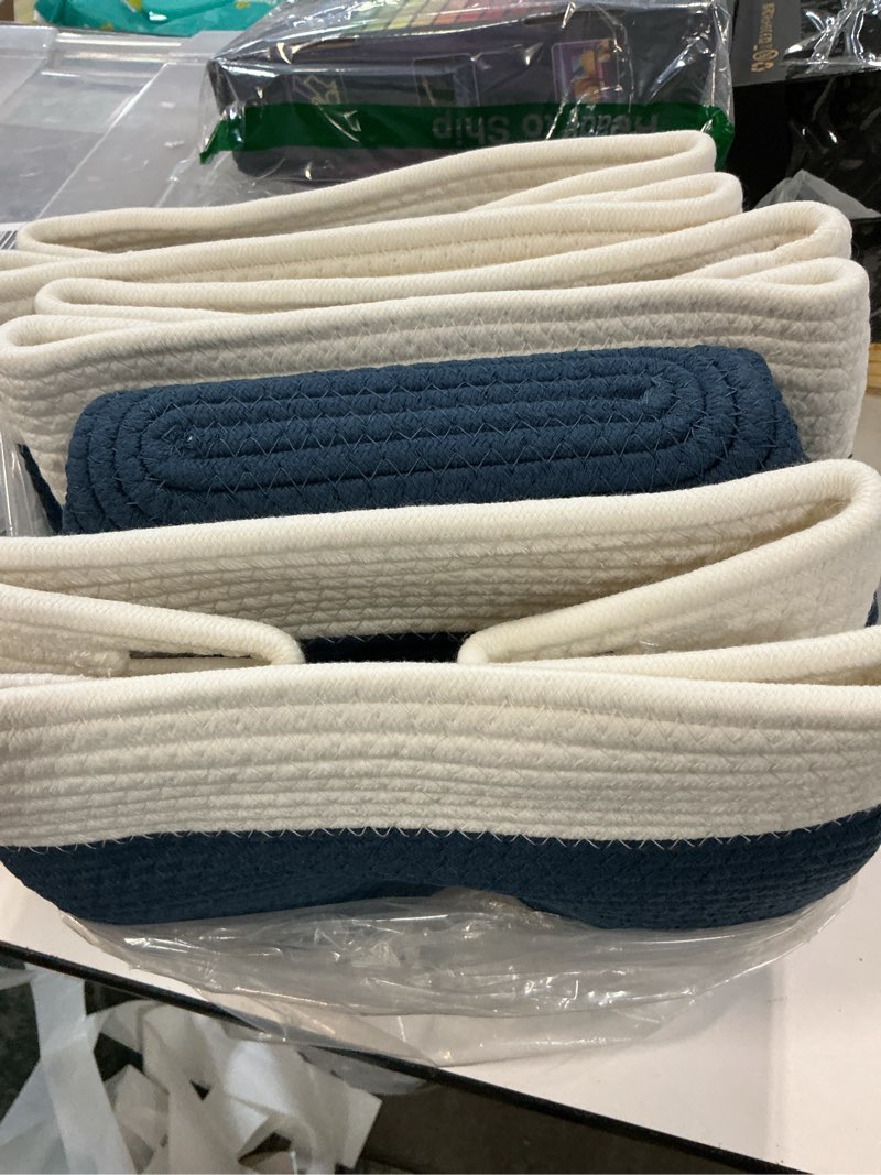 Condition photo showing Good Condition for sixdove 4 pack shelf baskets for organizing home - perfect for toys, books, and clothes, versatile woven storage baskets with handles, durable cube storage bins, 13''l x9''w x7.8''h, blue and white