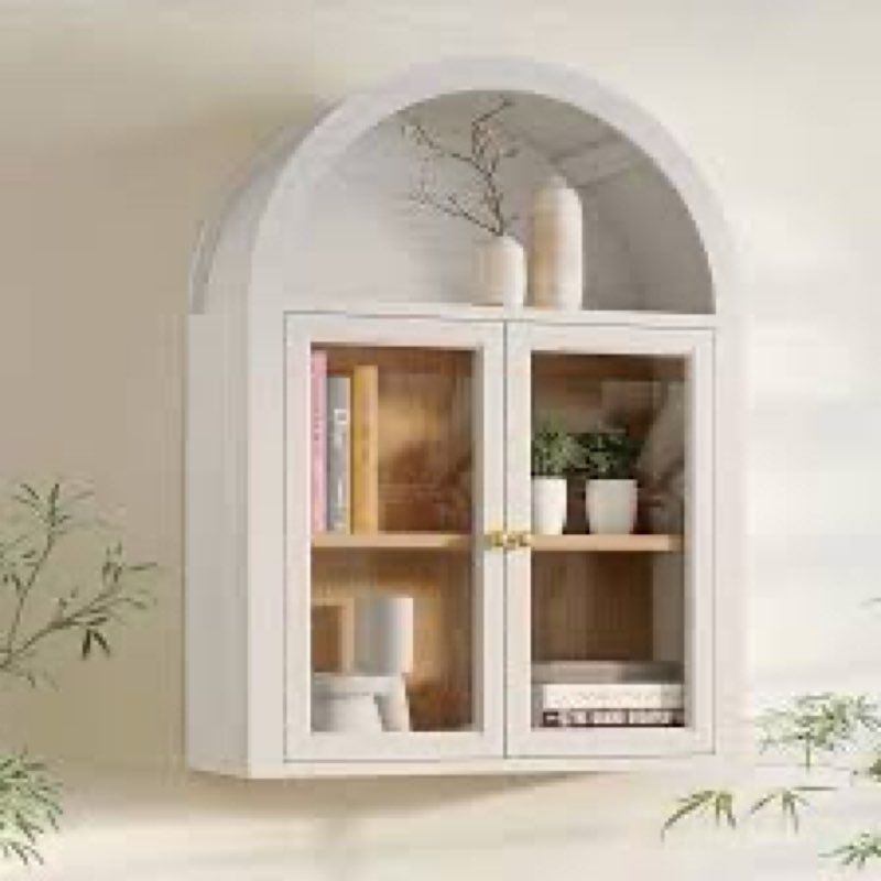 Arched Wall Cabinet with Glass Door, Arch Display Wall Mounted Cabinet, Farmhouse Wall Cabinet with Shelves for Living Room, Bathroom, Kitchen (Black)