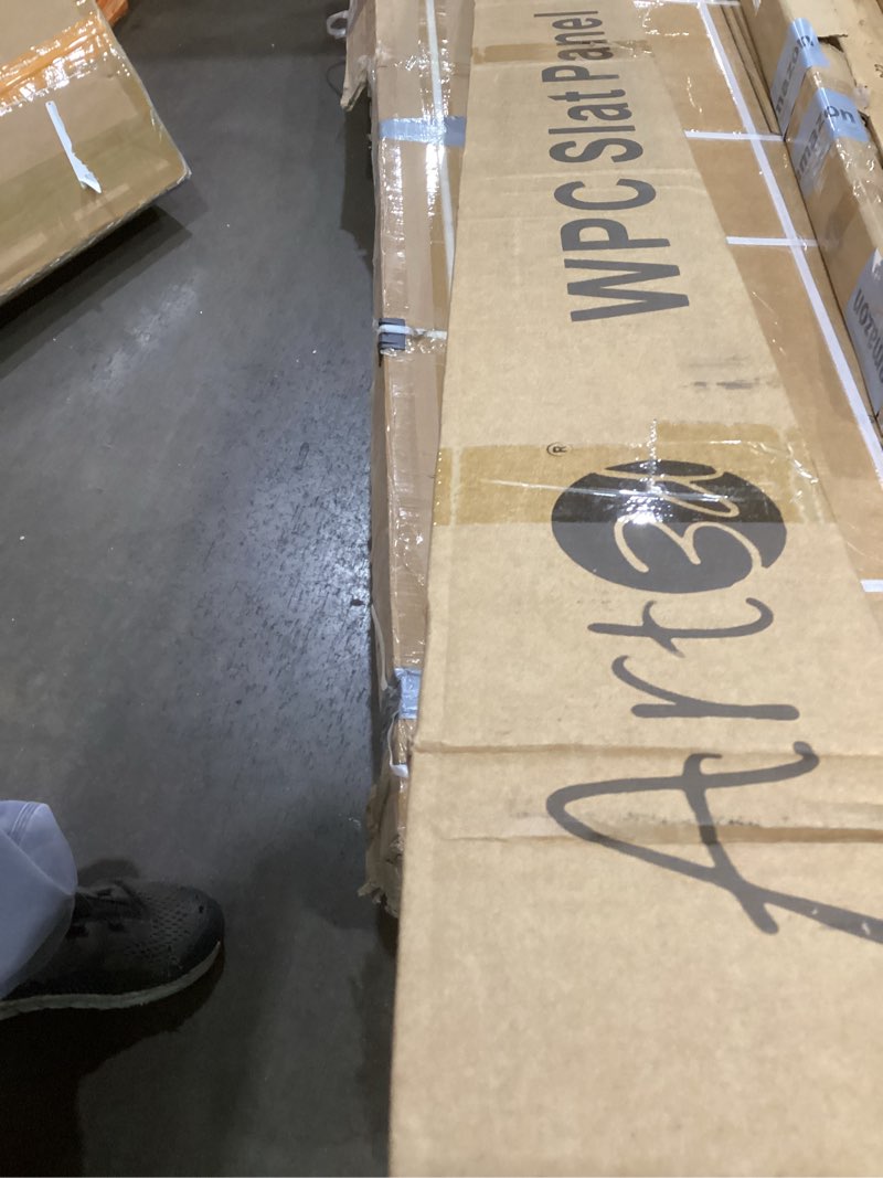 Condition photo showing As Is for Art3d 8-Pack 96 x 6in. WPC Acoustic Slat Wall Panel for Modern Interior Decor, TV Background, Living Room, Matte Black 96*6 Matte Black 8