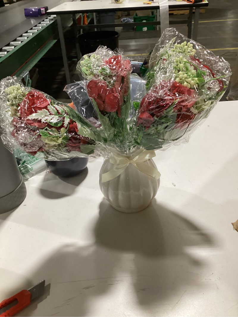 Condition photo showing Good Condition for LESING Artificial Rose Silk Hydrangea Flowers Bouquets with Vase Rustic Fake Flowers for Home Decoration Table Centerpiece (Claret Red)