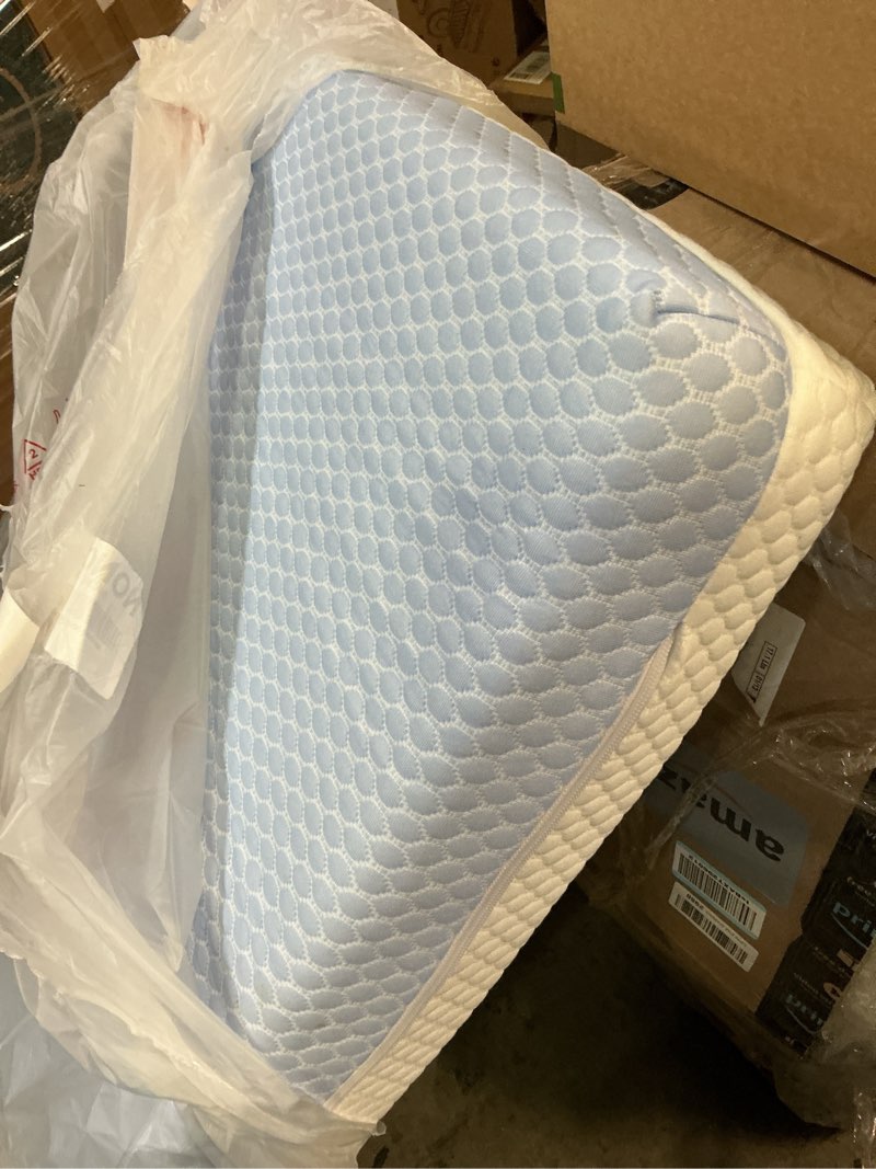 Condition photo showing As Is for Crib Mattress, Dual Sided Comfort Memory Foam Toddler Bed Mattress, Triple-Layer Breathable Premium Baby Mattresses for Infant and Toddler w/Removable Outer Cover - White&Blue