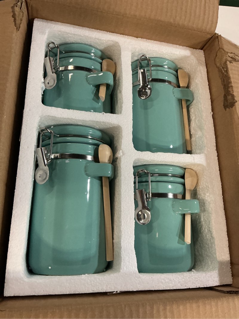 Condition photo showing Good Condition for home intuition 4-piece ceramic kitchen canisters set, airtight containers with wooden spoons reusable chalk labels and marker for sugar, coffee, flour, tea (turquoise)