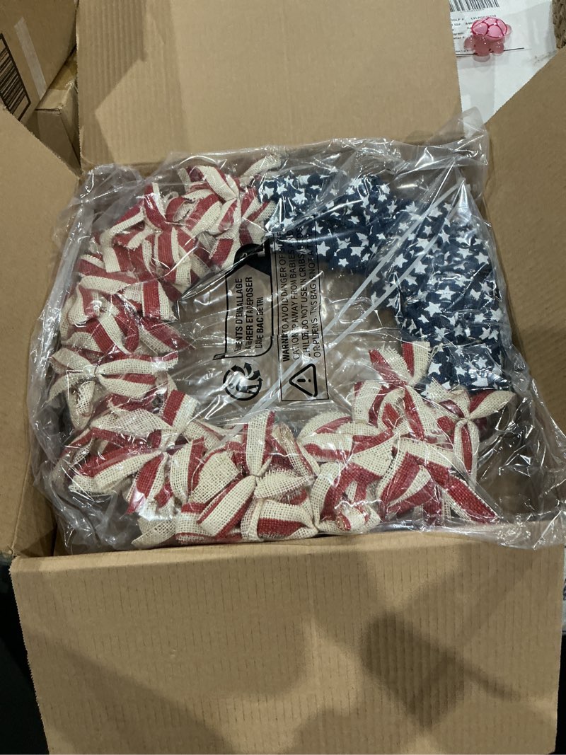 Condition photo showing Good Condition for 24 inch summer wreath patriotic for front door, 4th july independence day wreath america patriotic flag burlap farmhouse decor, memorial day americana wreaths for front door window christmas decor red-blue
