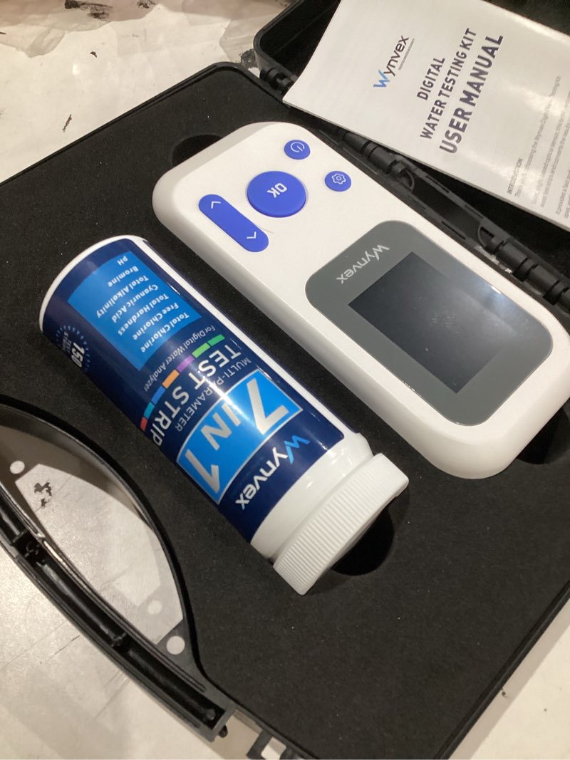 Condition photo showing As Is for digital pool water test kit with digital reader, wynvex 7-in-1 water testing for chlorine, bromine, ph, alkalinity & more, includes 150 test strips for pools