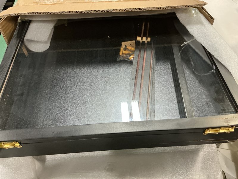 Condition photo showing As Is for (Damage )Challenge Coin Display Case, Lockable Military Coin Holder Cabinet with Removable Star Board & HD Tempered Glass Door (27.6\"L x 18.1\"W), Solid Wood Wall Mount Coins Collection Rack Stand (black)