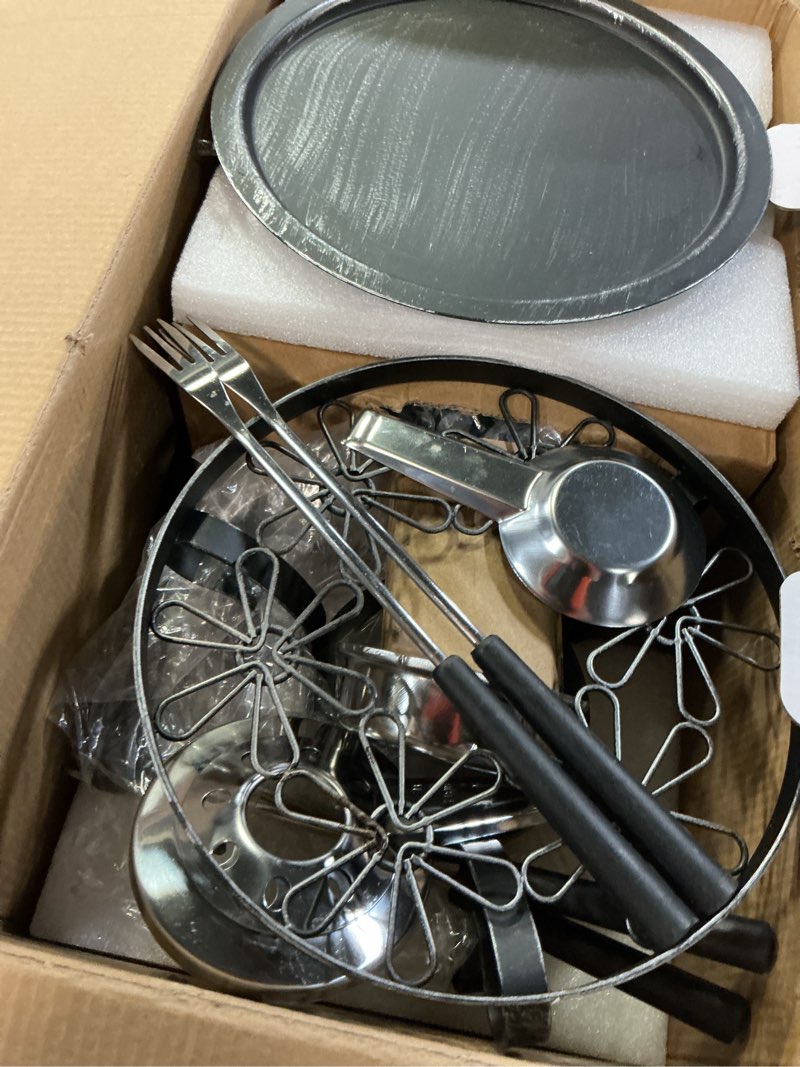 Condition photo showing Good Condition for artestia cast iron fondue pot set for cheese & chocolate, fondue set for 6 with burner & 6 forks, swiss fondue pot for party, family & gift, black b.black