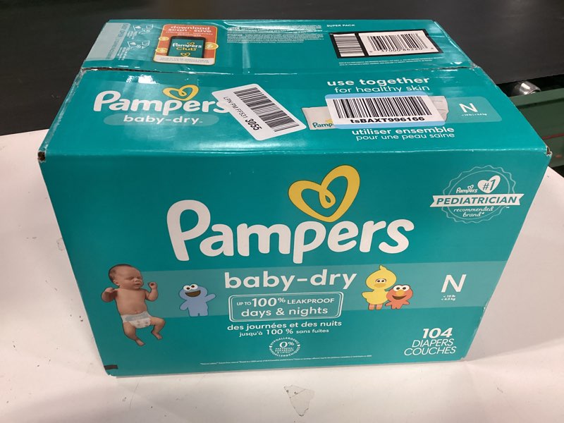 Condition photo showing New/Like New for Pampers Diapers - Baby Dry - Size 0, 104 Count, Absorbent Disposable Newbort Diaper (Packaging May Vary) Newborn 104