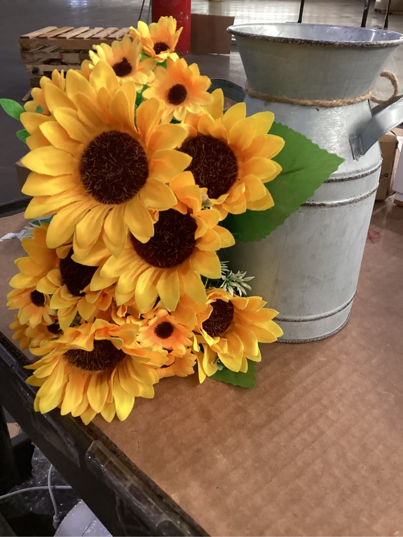 Condition photo showing Good Condition for winlyn farmhouse sunflowers centerpiece metal milk jug artificial sunflower bunches summer floral arrangements 13" tall for rustic country kitchen living room everyday table centerpiece