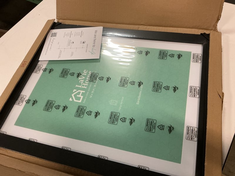 Condition photo showing Good Condition for lavie home 14x18 picture frame black poster frame,display pictures 12x16 with mat or 14x18 without mat, stable and sturdy frame and polished plexiglass, horizontal and vertical format of the walls 14x18 black