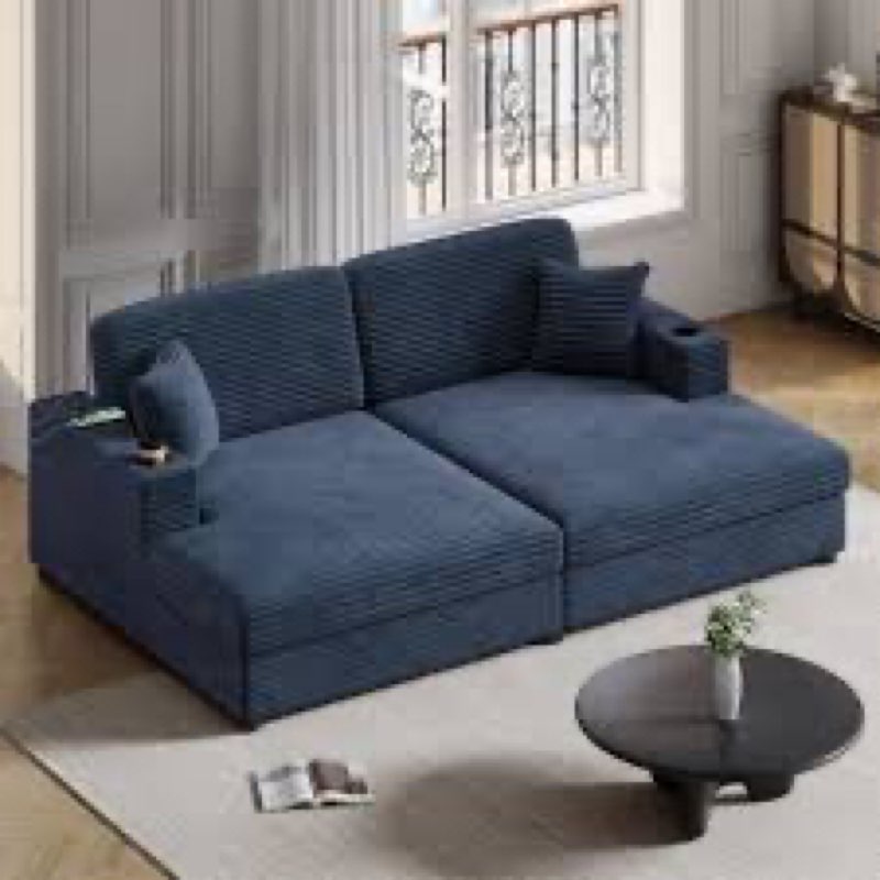 Oversized Loveseat Chaise Lounge Sectional Sofa Bed Corduroy Sleeper Sofa with USB Ports