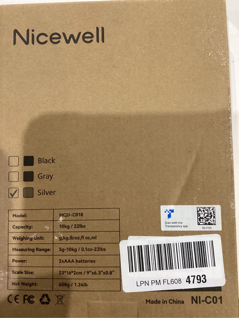 Condition photo showing New/Like New for Nicewell Food Scale, 22lb Digital Kitchen Scale Weight Grams and oz for Cooking Baking, 1g/0.1oz Precise Graduation, Stainless Steel and Tempered Glass (Ash Silver)