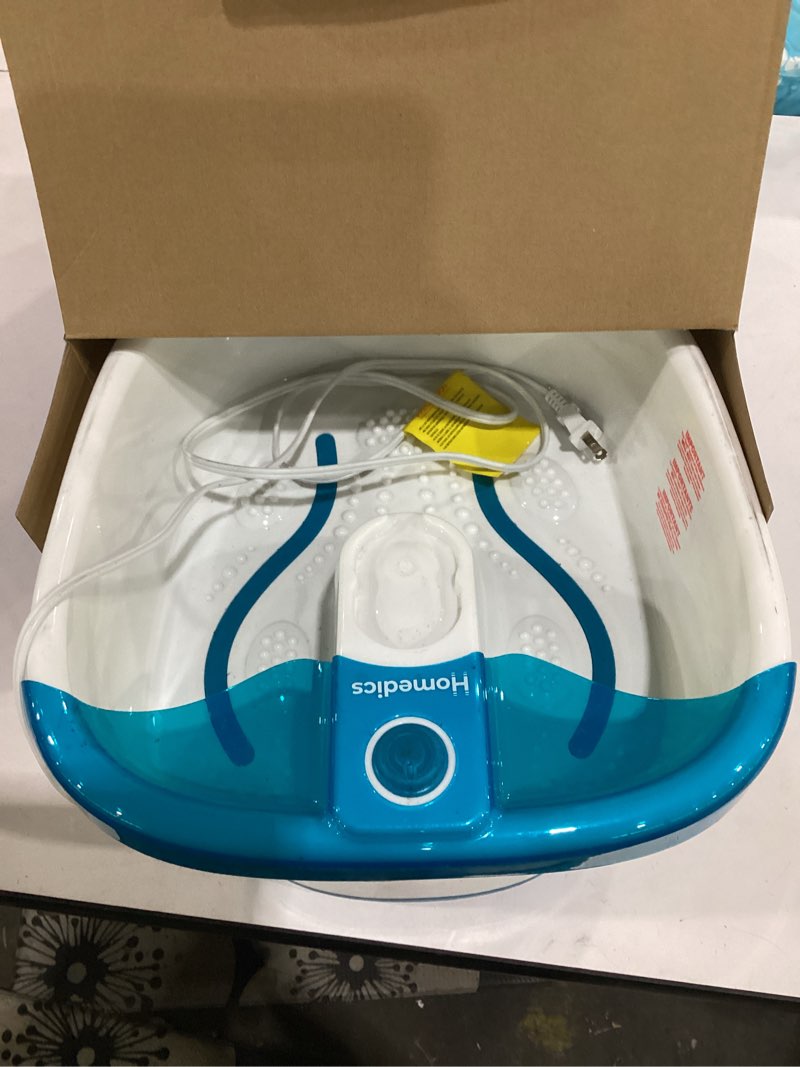 Condition photo showing As Is for not tested**** homedics bubble mate foot spa, toe touch controlled foot bath with invigorating bubbles and splash proof, raised massage nodes and removable pumice stone