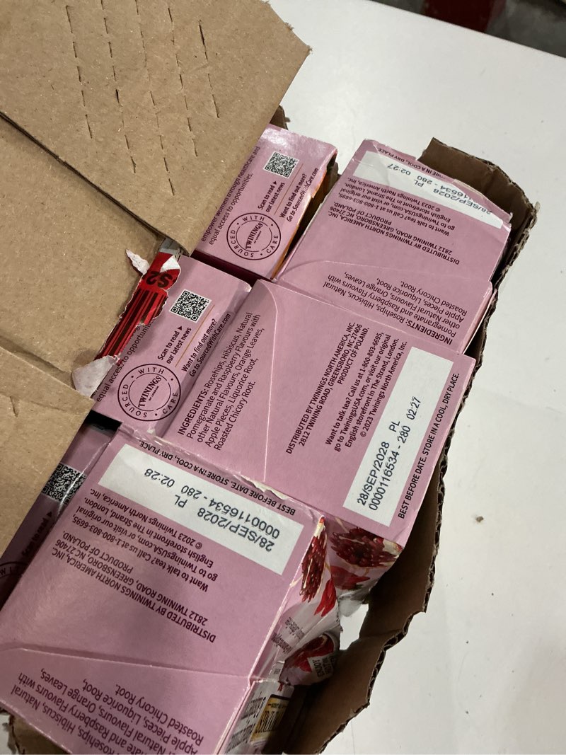 Condition photo showing Good Condition for (28/sep/2028)twinings pomegranate & raspberry herbal tea, 20 count pack of 6, individually wrapped tea bags, naturally caffeine free