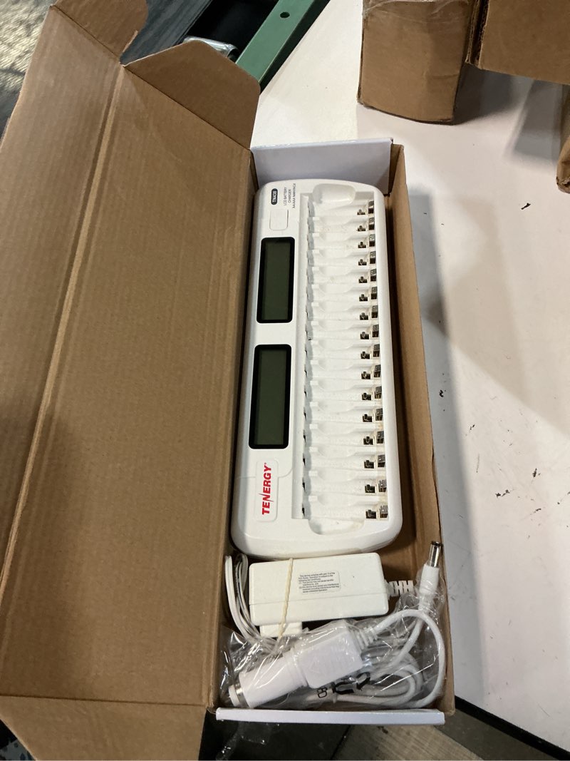 Condition photo showing As Is for tenergy tn438 16 bay battery charger for aaa and aa rechargeable batteries, aa/aaa nimh/nicd rechargeable batteries charger with ac wall adapter and car adapter