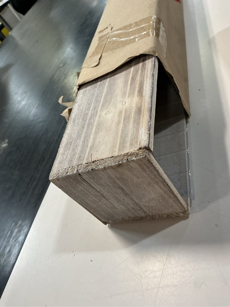 Condition photo showing New/Like New for accent decor 20" rectangular rustic wood planter with plastic liner