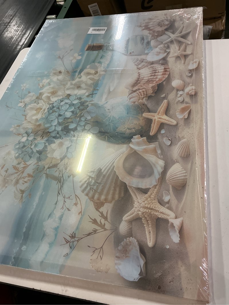 Condition photo showing New/Like New for akotac blue ocean beach bathroom canvas wall art seaside seashell painting print artwork starfish with white flower coastal picture wall decor for living room bedroom bathroom decoration blue coast wrapped canvas 36"l x 24"w