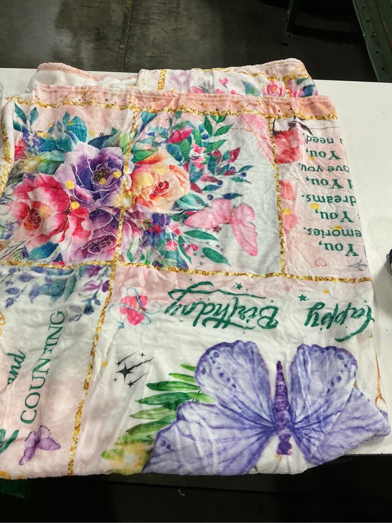 Condition photo showing Good Condition for 50th Birthday Gifts for Her, Super Soft Unique Fun Purple Butterfly Flower Blanket for Anniversary Christmas, 50th Birthday Decorations for Women, Cozy Warm Plush Fuzzy Fleece Flannel Blanket 60"x50" 50th Birthday 60"x50"