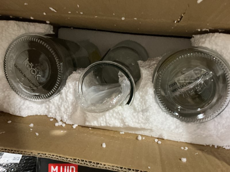 Condition photo showing Good Condition for glass carafe pitchers, by kook, large carafe - set of 3, beverage dispensers, clear jugs for mimosas, water, wine, milk and juice, with plastic lids, 50 oz dishwasher safe set of 3, 50 oz
