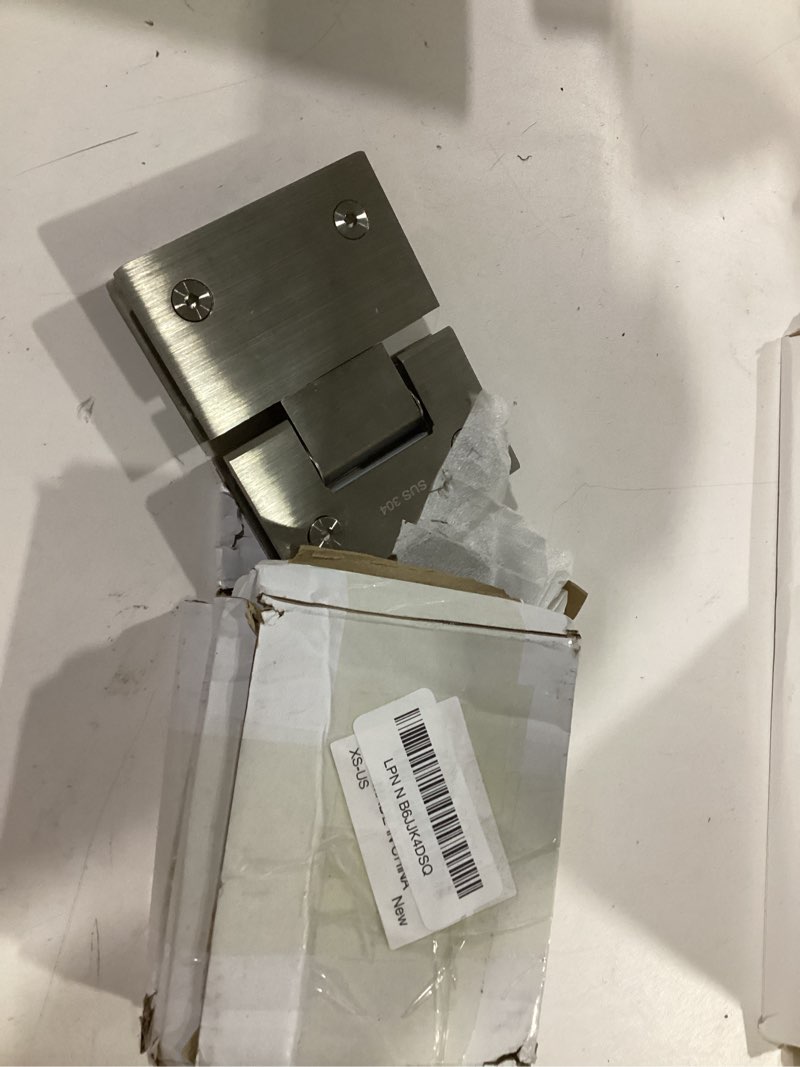 Condition photo showing New/Like New for 2 Pack 180 Degree Frameless Glass Shower Door Hinges, 304 Stainless Steel Shower Door Hinges to Glass, Brushed Nickel Frameless Shower Doors Hinges