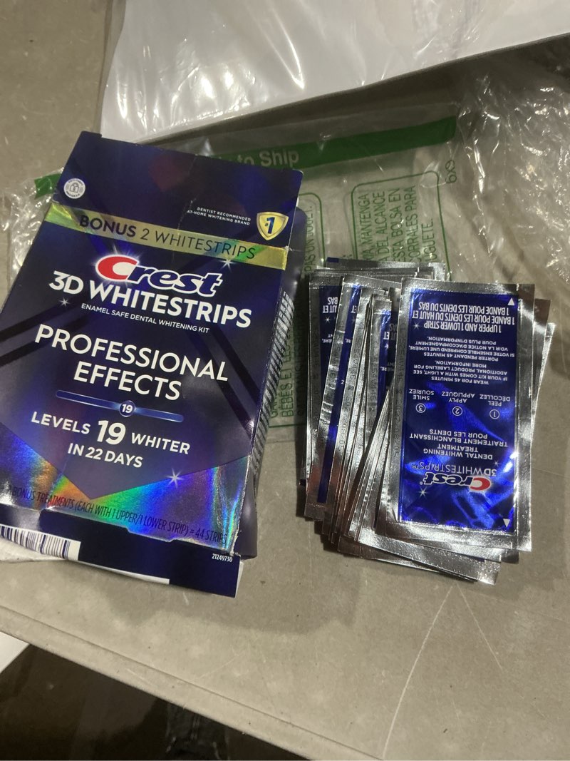Condition photo showing Good Condition for crest 3d whitestrips professional effects – teeth whitening kit, 22 treatments (20 + 2 bonus), each with 1 upper/1lower, 44 strips – crest 3dwhite teeth whitening strips